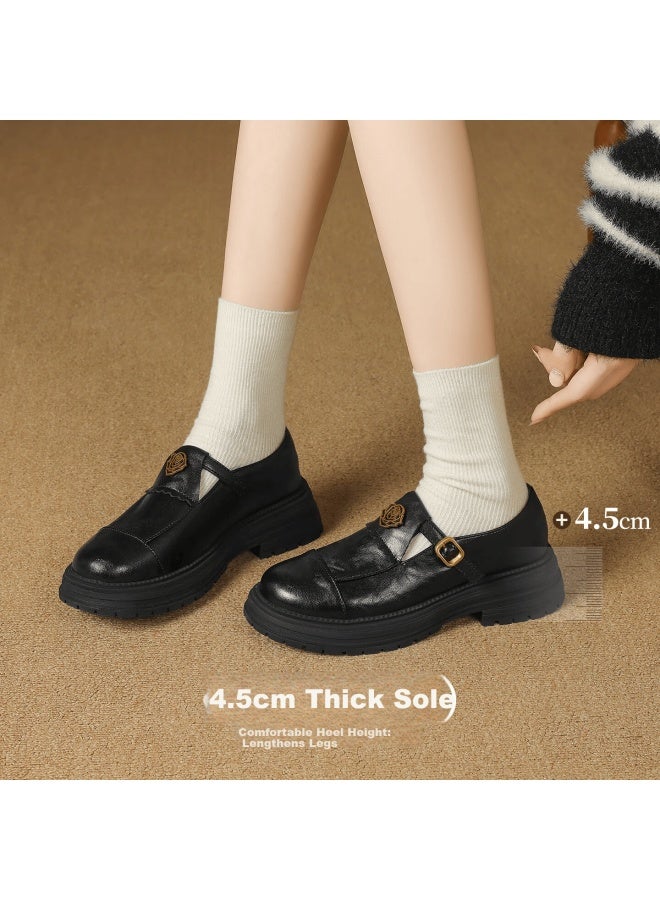 Zhr Zese Loafers Women Round Toe Thick Sole Small Leather Shoes Camellia Commuting Versatile Flats Ay297 Black 37 - Image 4
