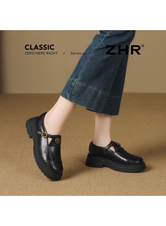 Zhr Zese Loafers Women Round Toe Thick Sole Small Leather Shoes Camellia Commuting Versatile Flats Ay297 Black 37 - Image 5