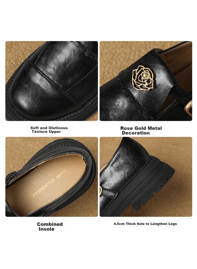 Zhr Zese Loafers Women Round Toe Thick Sole Small Leather Shoes Camellia Commuting Versatile Flats Ay297 Black 37 - Image 3