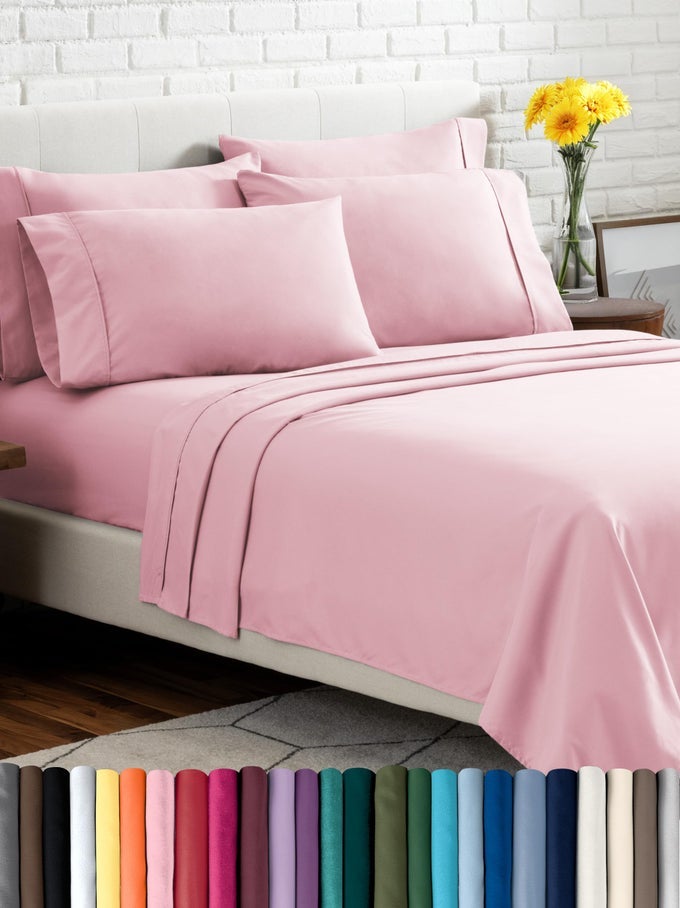 HOTEL LUXURY QUEEN SHEET SET EXTRA SOFT 6 PIECE SET DEEP POCKETS EASY FIT COOLING BREATHABLE WRINKLE FADE STAIN RESISTANT INCLUDES 4 PILLOWCASES QUEEN LIGHT PINK