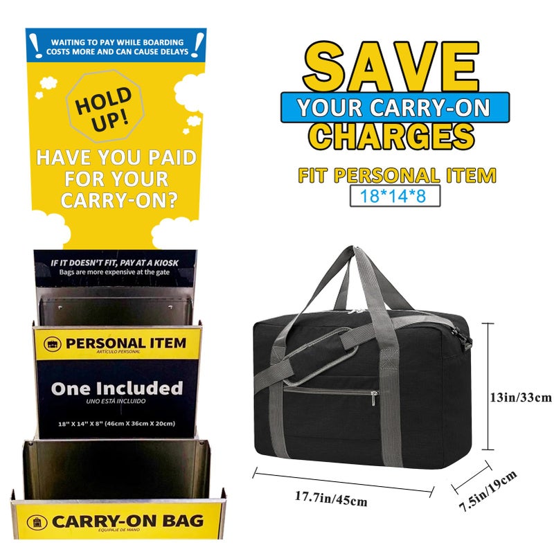 Beurlike For Spirit Airlines Personal Item Bag 18x14x8 Foldable Carry on Bags for Airplanes Travel Duffel Bags for Women and Men(Snow Black (With Shoulder Strap)) - Image 2