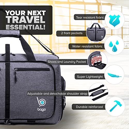 Bago Foldable Duffel Bags for Traveling Women & Men - 40L Sports Packable Duffle Bag for Travel with Shoe Compartment - Water Repellant, Heavy Duty, Lightweight Folding & Collapsible (SnowBlack) - Image 3