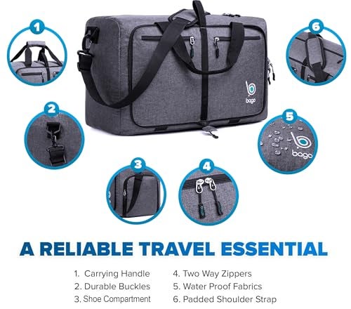 Bago Foldable Duffel Bags for Traveling Women & Men - 40L Sports Packable Duffle Bag for Travel with Shoe Compartment - Water Repellant, Heavy Duty, Lightweight Folding & Collapsible (SnowBlack) - Image 4