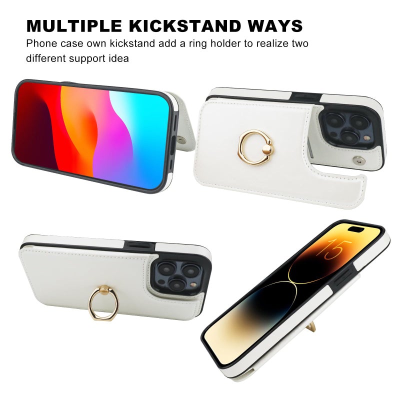 OT ONETOP ONETOP for iPhone 15 Pro Wallet Case with Card Holder, 360Â° Rotation Ring Kickstand RFID Blocking PU Leather Double Magnetic Clasp Shockproof Cover for Women and Girls 6.1 Inch (White) - Image 4