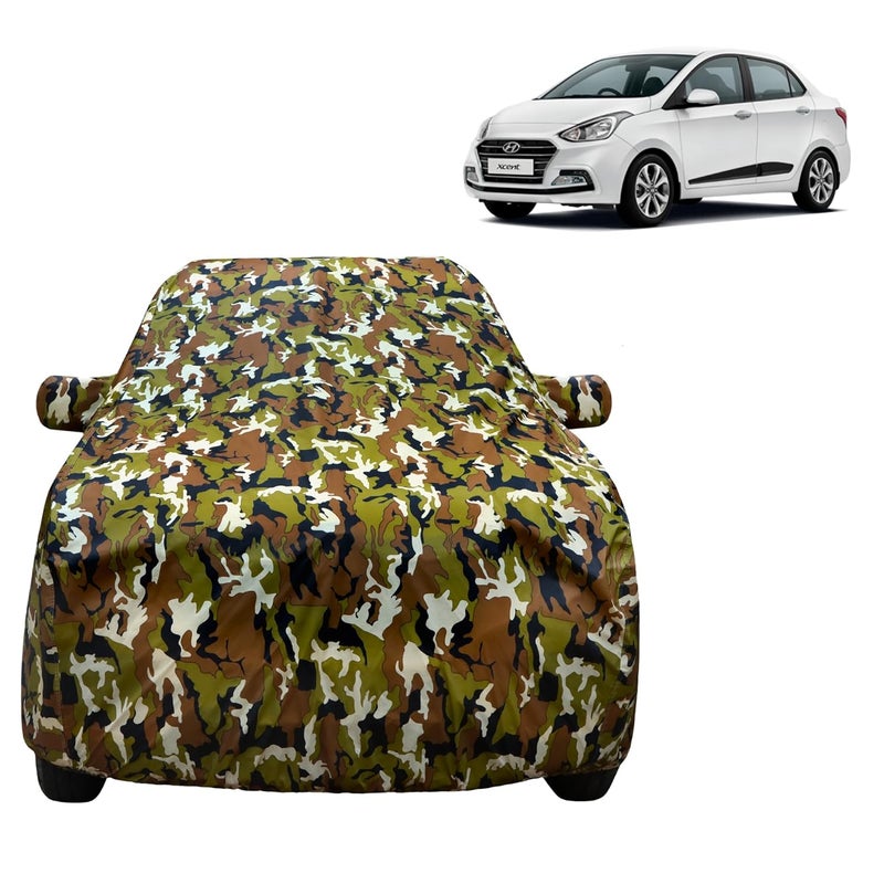 VYAS 100% Waterproof Car Body Cover for Hyundai Xcent (2014-2019) with Mirror Pocket Triple Stitched Belt & Buckle Fitting Dual Elastic, Durable Material Jungle Print Camouflage Design - Image 1