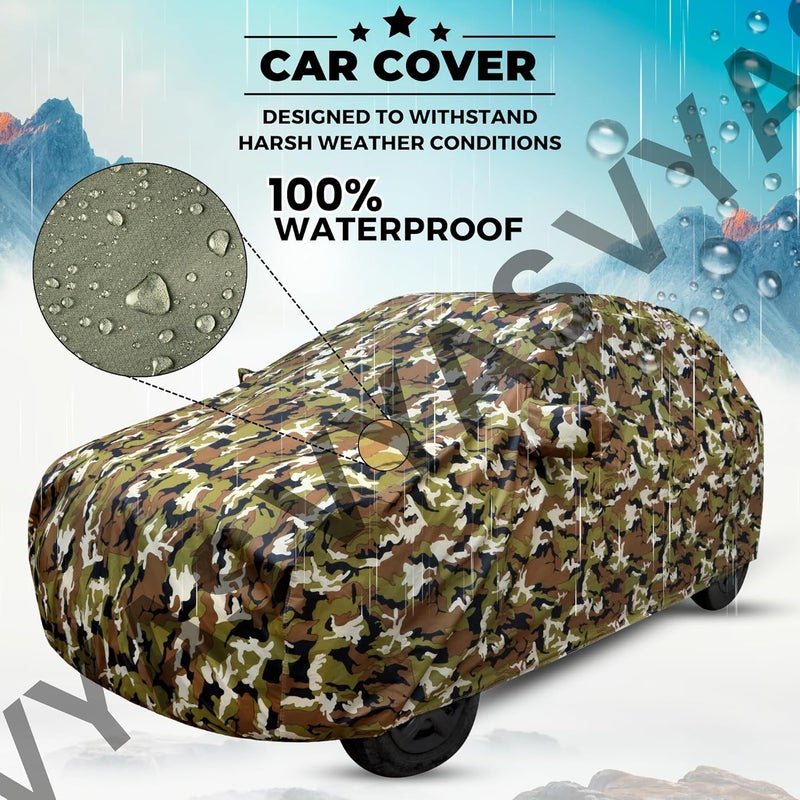 VYAS 100% Waterproof Car Body Cover for Hyundai Xcent (2014-2019) with Mirror Pocket Triple Stitched Belt & Buckle Fitting Dual Elastic, Durable Material Jungle Print Camouflage Design - Image 2