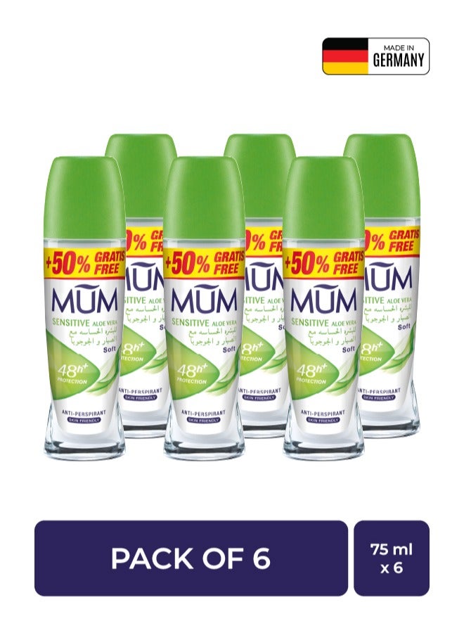 MUM Deodorant Roll-on - Sensitive Aloe Vera, 48-Hrs Protection, Quick Drying Formula For All Skin Type, Pack of 6, 75ml Each - Image 1