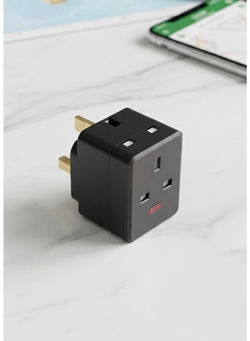 Three-prong electrical plug, three-prong electrical outlet, cube electrical extension cord, 3-outlet wall plug adapter, smart space-saving power distributor, UK standard three-prong plug, short circuit and heat protection, modern design for office and home, compliant with Saudi and Gulf standards, luxurious black color, multi-directional outlet. - Image 1