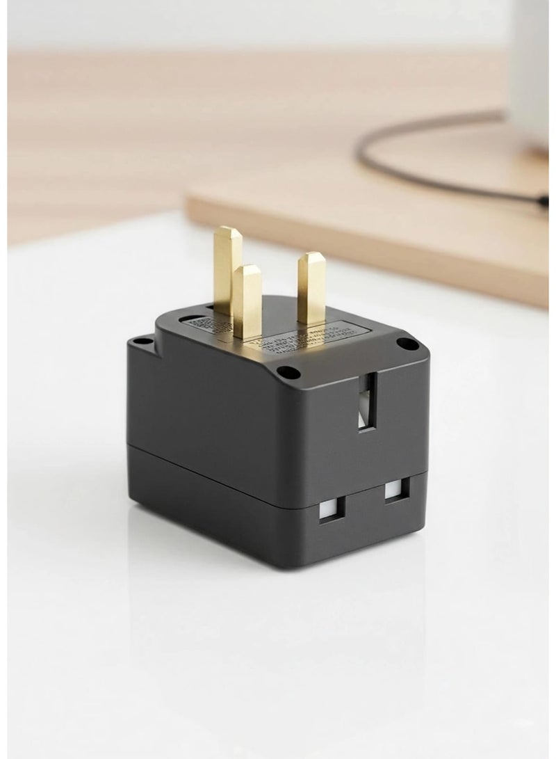 Three-prong electrical plug, three-prong electrical outlet, cube electrical extension cord, 3-outlet wall plug adapter, smart space-saving power distributor, UK standard three-prong plug, short circuit and heat protection, modern design for office and home, compliant with Saudi and Gulf standards, luxurious black color, multi-directional outlet. - Image 2