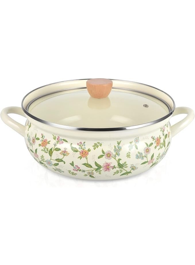 Enamel-coated cooking pot with lid, floral pattern cookware for the stovetop, non-stick soup pot, pot compatible with all stovetops