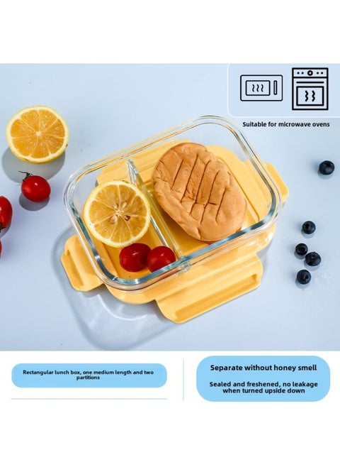Customized Student Lunch Box With Meal Microwave Oven Temperature Resistant Glass Lunch Box Partition Refrigerator Storage Set Fresh-keeping Bowl-Specifications:Medium And Long Two-compartment Fresh-keeping Bowl 680ml-Color:Yellow