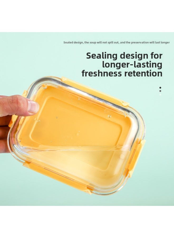 Customized Student Lunch Box With Meal Microwave Oven Temperature Resistant Glass Lunch Box Partition Refrigerator Storage Set Fresh-keeping Bowl-Specifications:Medium And Long Two-compartment Fresh-keeping Bowl 680ml-Color:Yellow