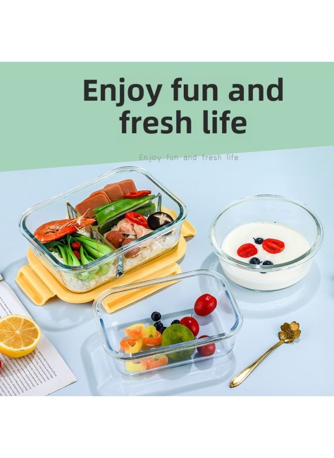 Customized Student Lunch Box With Meal Microwave Oven Temperature Resistant Glass Lunch Box Partition Refrigerator Storage Set Fresh-keeping Bowl-Specifications:Medium And Long Two-compartment Fresh-keeping Bowl 680ml-Color:Yellow
