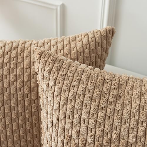 K KEVIN TEXTILE Kevin Textile Throw Pillow Covers Soft Corduroy Decorative Set of 2 Boho Striped Pillow Covers Pillowcases Farmhouse Home Decor for Couch Bed Sofa Living Room 18x18 Inch Tan - Image 3