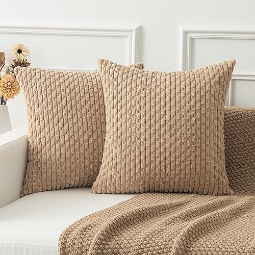 K KEVIN TEXTILE Kevin Textile Throw Pillow Covers Soft Corduroy Decorative Set of 2 Boho Striped Pillow Covers Pillowcases Farmhouse Home Decor for Couch Bed Sofa Living Room 18x18 Inch Tan - Image 1
