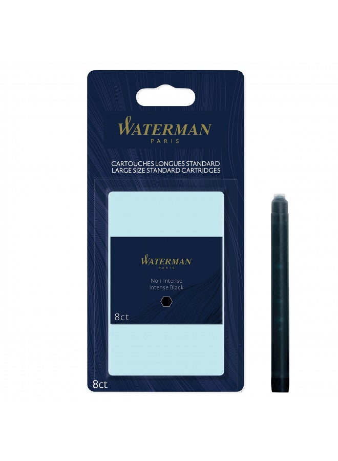 Waterman Fountain Pen Ink Cartridges, Long, Intense Black, 8 Count, Blister Pack - Image 1