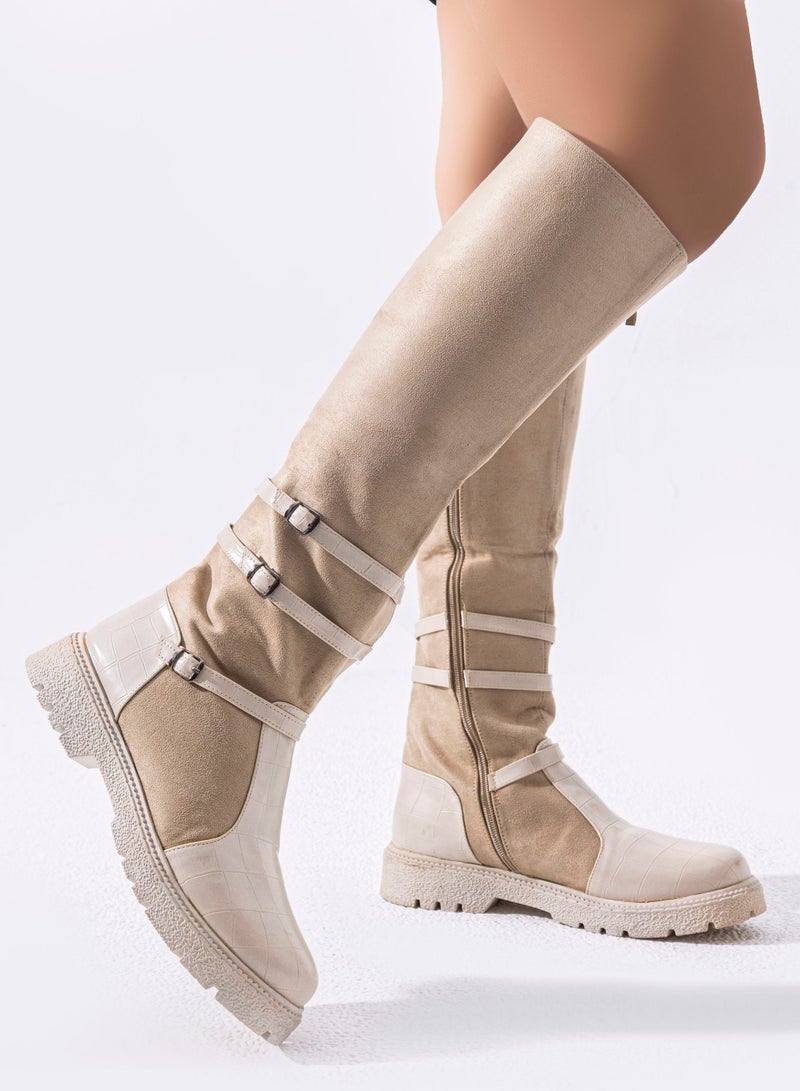 LIFESTYLISH Knee-High LB-22 Leather In Suede - Beige 