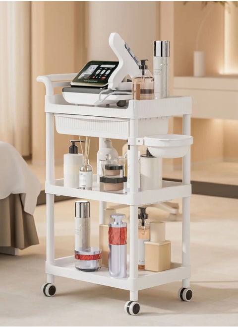 Beauty Salon Trolley Cart with Wheels 3-Tier Mobile Spa Trolley Rolling Utility Cart Esthetician Cart with 1 Drawer 1 Bowl & 1 Bucket
