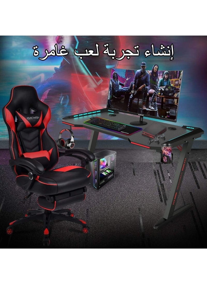 NOAEOU - 140x 60x 73CM Gaming Desk, Home Office Desk, Computer Desk with LED RGB Lights, Z Shaped Gamer Table with Mouse Pad & Cup Holder & Headphone Hook - Image 1