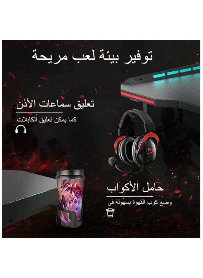 NOAEOU - 140x 60x 73CM Gaming Desk, Home Office Desk, Computer Desk with LED RGB Lights, Z Shaped Gamer Table with Mouse Pad & Cup Holder & Headphone Hook - Image 1