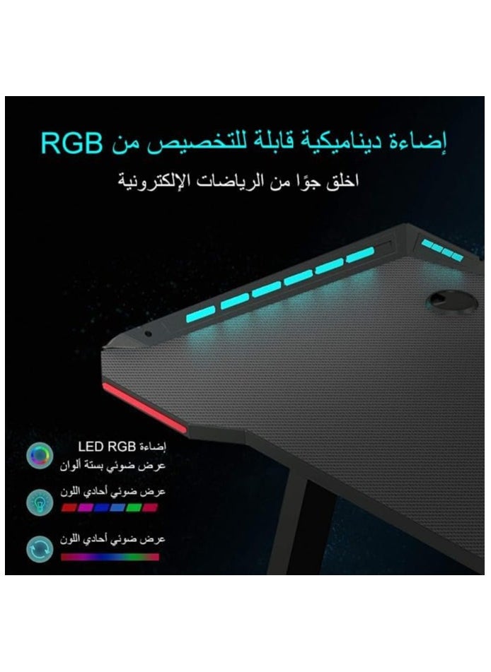 NOAEOU - 140x 60x 73CM Gaming Desk, Home Office Desk, Computer Desk with LED RGB Lights, Z Shaped Gamer Table with Mouse Pad & Cup Holder & Headphone Hook - Image 1