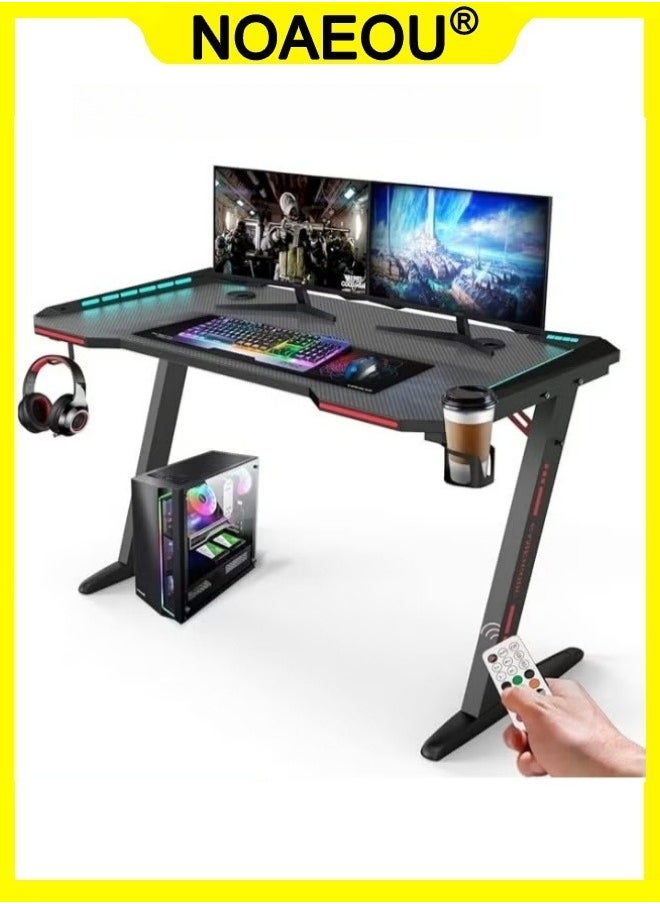 NOAEOU - 140x 60x 73CM Gaming Desk, Home Office Desk, Computer Desk with LED RGB Lights, Z Shaped Gamer Table with Mouse Pad & Cup Holder & Headphone Hook - Image 1