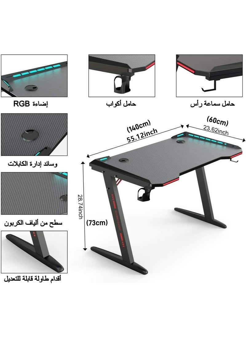 NOAEOU - 140x 60x 73CM Gaming Desk, Home Office Desk, Computer Desk with LED RGB Lights, Z Shaped Gamer Table with Mouse Pad & Cup Holder & Headphone Hook - Image 1