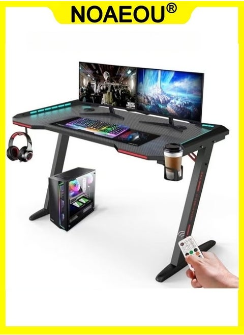 مكتب ألعاب 140 × 60 × 73 سم، مكتب مكتب منزلي للألعاب، مكتب كمبيوتر مع أضواء LED RGB، طاولة ألعاب على شكل Z مع وسادة ماوس وحامل أكواب وعلاقة سماعة رأس