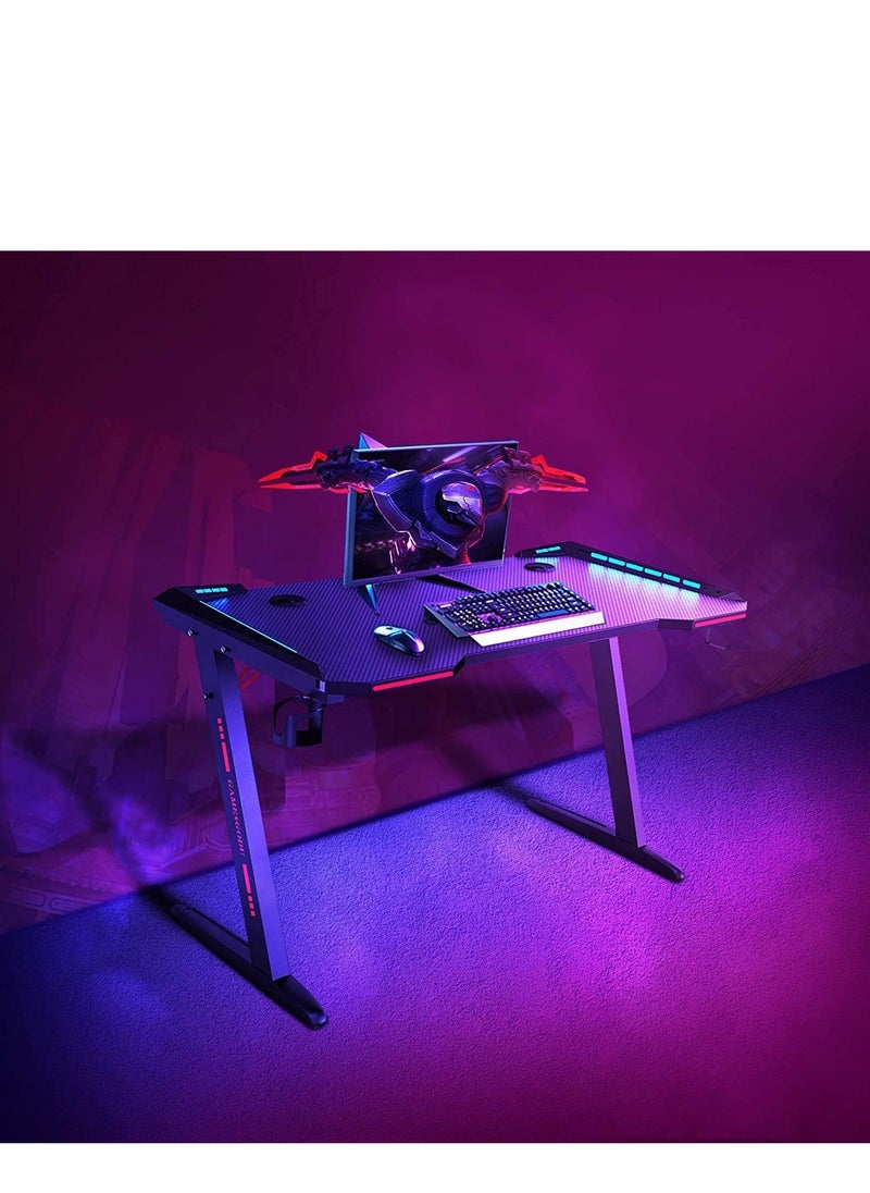 NOAEOU - 140x 60x 73CM Gaming Desk, Home Office Desk, Computer Desk with LED RGB Lights, Z Shaped Gamer Table with Mouse Pad & Cup Holder & Headphone Hook - Image 1