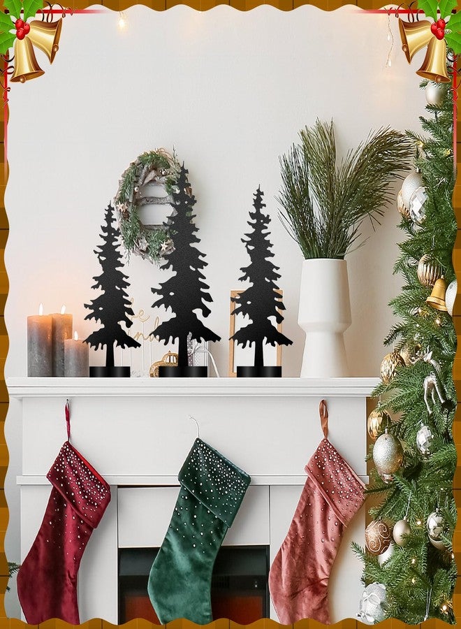 Shimeyao 3 Pcs Metal Christmas Tree Tabletop Decor Black Metal Evergreen Tree Rustic Farmhouse Table Centerpiece with Wooden Base Freestanding Artificial Forest Sign for Cabin Home Mantel Shelf Gift - Image 3