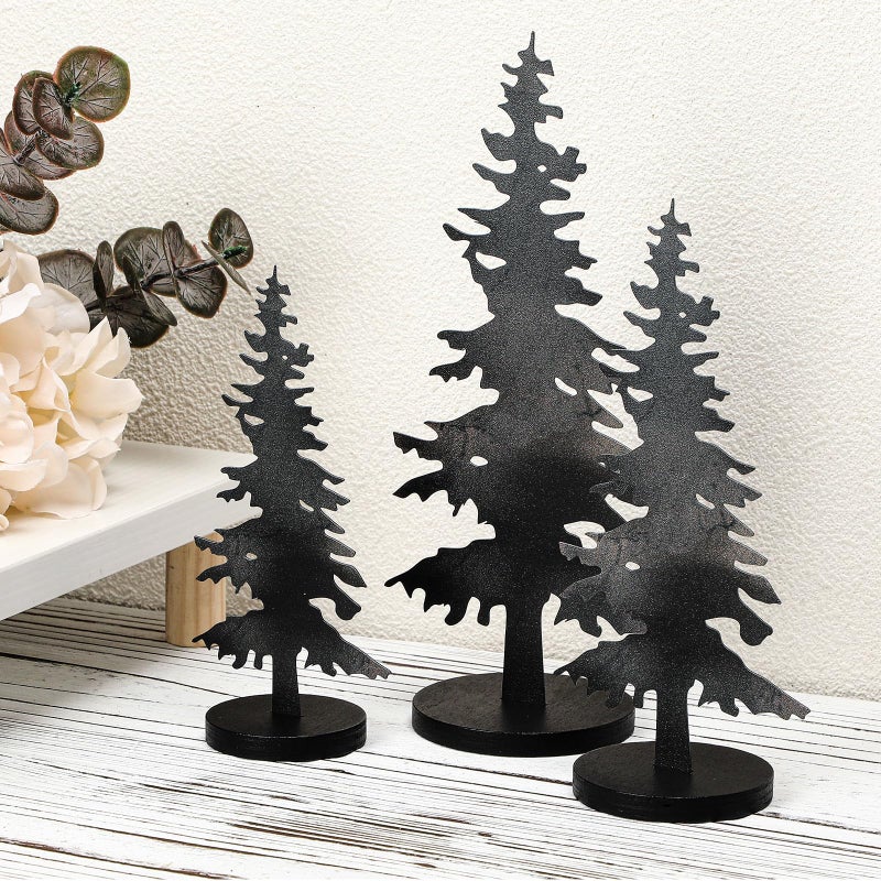 Shimeyao 3 Pcs Metal Christmas Tree Tabletop Decor Black Metal Evergreen Tree Rustic Farmhouse Table Centerpiece with Wooden Base Freestanding Artificial Forest Sign for Cabin Home Mantel Shelf Gift - Image 1