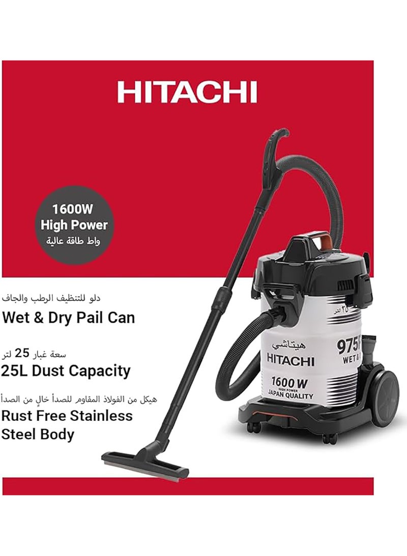 HITACHI Wet & Dry, Sand Blower Vacuum Cleaner, 3 in 1 Performance, Rust-Free Stainless-Steel Body, 25L Big Dust Capacity, 1600w Motor Power, Dust Indicator, Made In Thailand, CV975PWBKGAE-Inox 1600 W CV975PWBKGAE Black/White - Image 2