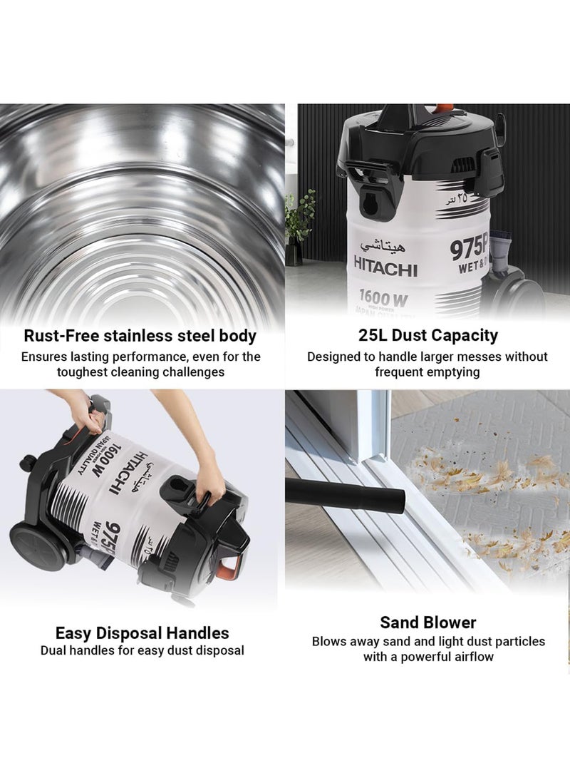 HITACHI Wet & Dry, Sand Blower Vacuum Cleaner, 3 in 1 Performance, Rust-Free Stainless-Steel Body, 25L Big Dust Capacity, 1600w Motor Power, Dust Indicator, Made In Thailand, CV975PWBKGAE-Inox 1600 W CV975PWBKGAE Black/White - Image 5