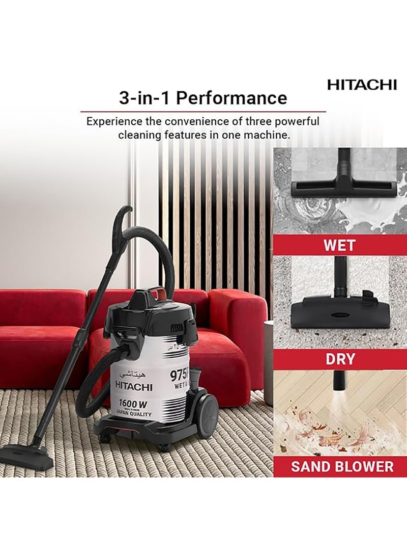 HITACHI Wet & Dry, Sand Blower Vacuum Cleaner, 3 in 1 Performance, Rust-Free Stainless-Steel Body, 25L Big Dust Capacity, 1600w Motor Power, Dust Indicator, Made In Thailand, CV975PWBKGAE-Inox 1600 W CV975PWBKGAE Black/White - Image 3