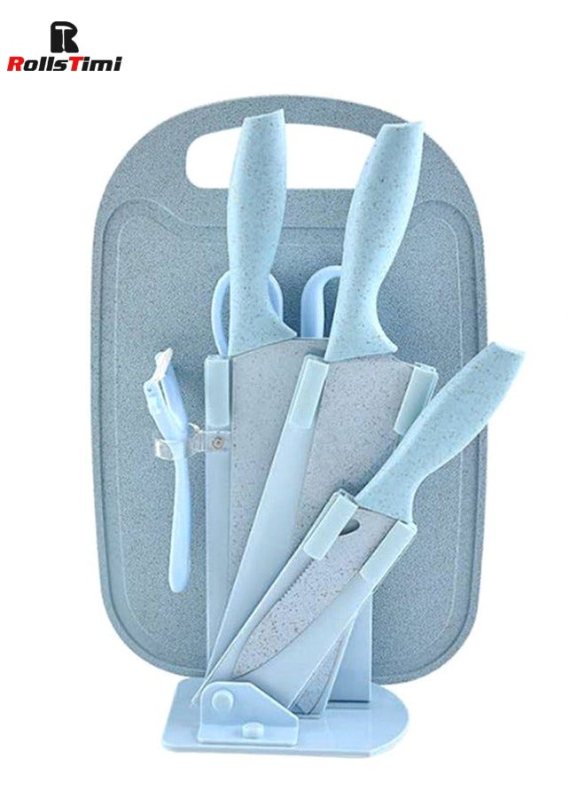 RollsTimi  7-Piece Kitchen Knife With Cutting Board Set Blue  - Image 1