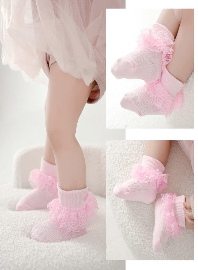 baotongle 4 Pairs Baby Toddler Girls Ruffle Socks Infant Girls Double Lace Frilly Socks Thin Dress Turn Cuff Sock 12-24Month(Black,Pink,White,Beige) - Image 2