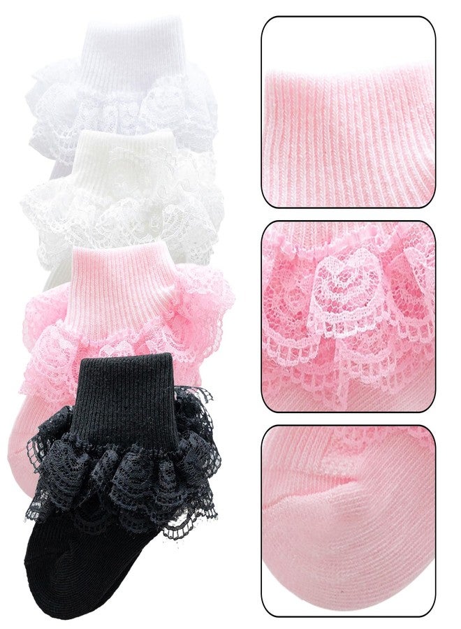 baotongle 4 Pairs Baby Toddler Girls Ruffle Socks Infant Girls Double Lace Frilly Socks Thin Dress Turn Cuff Sock 12-24Month(Black,Pink,White,Beige) - Image 3
