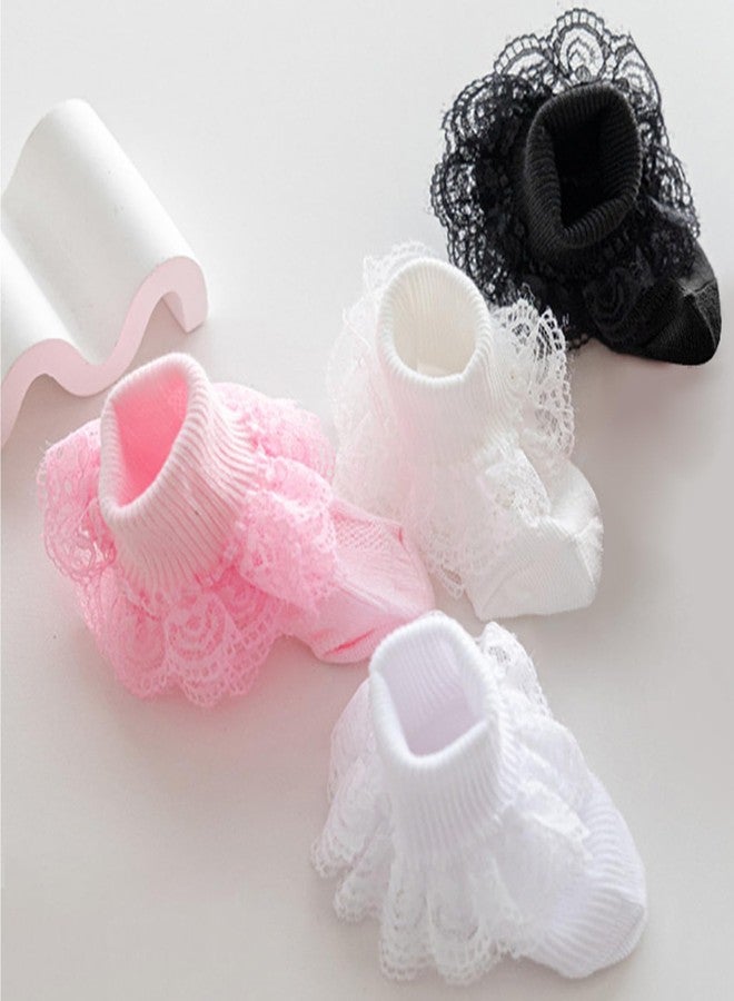 baotongle 4 Pairs Baby Toddler Girls Ruffle Socks Infant Girls Double Lace Frilly Socks Thin Dress Turn Cuff Sock 12-24Month(Black,Pink,White,Beige) - Image 4