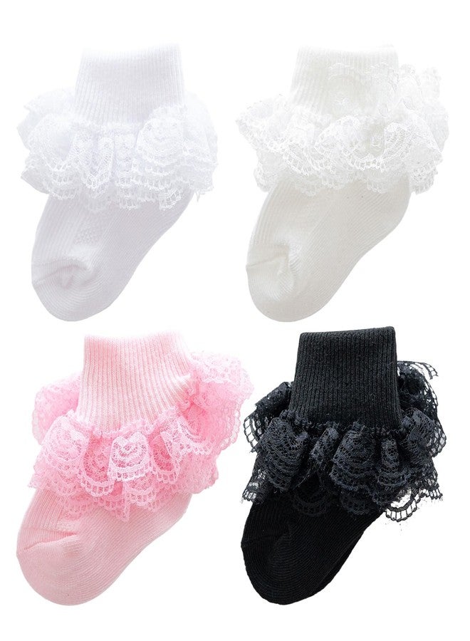 baotongle 4 Pairs Baby Toddler Girls Ruffle Socks Infant Girls Double Lace Frilly Socks Thin Dress Turn Cuff Sock 12-24Month(Black,Pink,White,Beige) - Image 1