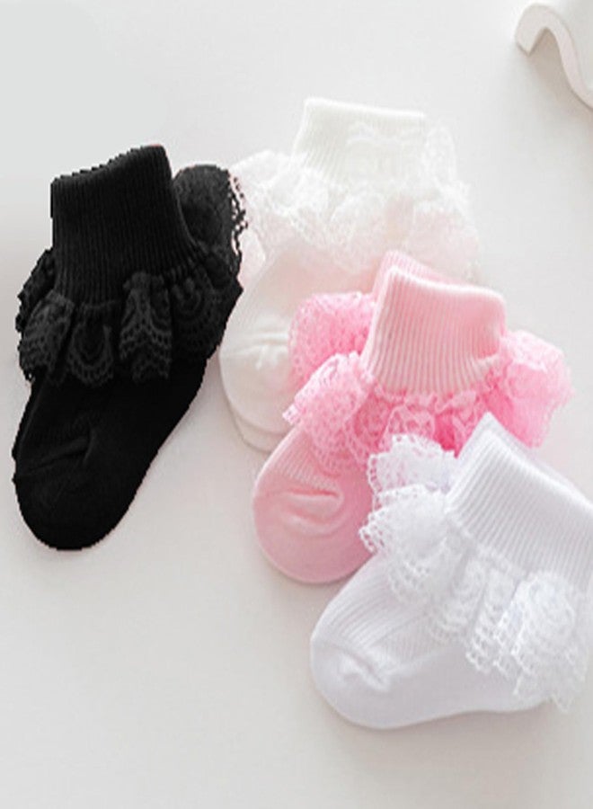 baotongle 4 Pairs Baby Toddler Girls Ruffle Socks Infant Girls Double Lace Frilly Socks Thin Dress Turn Cuff Sock 12-24Month(Black,Pink,White,Beige) - Image 5