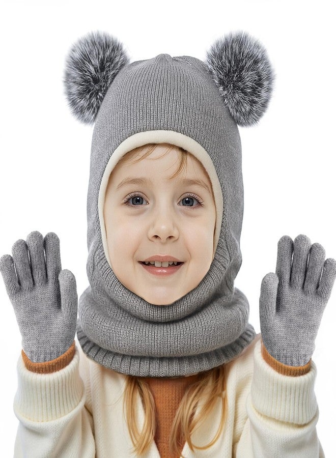 HONGTEYA Toddler Winter Hat Scarf Glove Set, Unisex Baby Kids Velvet Lined Knitted Hat with Neck Warmer for Cold Weather, Grey, 6-24 Months - Image 1