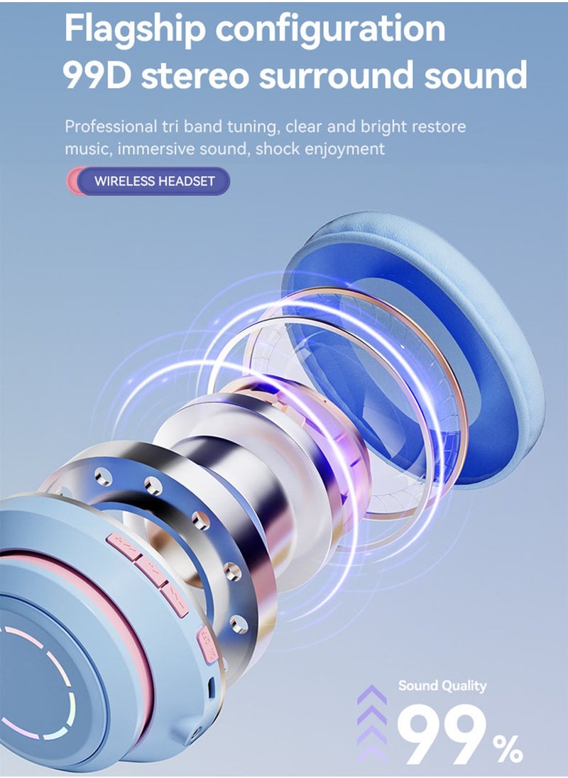 RGB Over-Ear Bluetooth Wireless Headphone,LED Cat-Ear Stereo Sound Headset,TF card/Wired/Wireless Mode Pink Blue