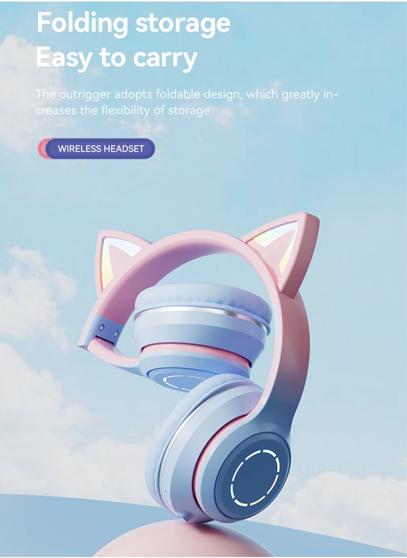 FlashHawk RGB Over-Ear Bluetooth Wireless Headphone,LED Cat-Ear Stereo Sound Headset,TF card/Wired/Wireless Mode Pink Blue  - Image 4