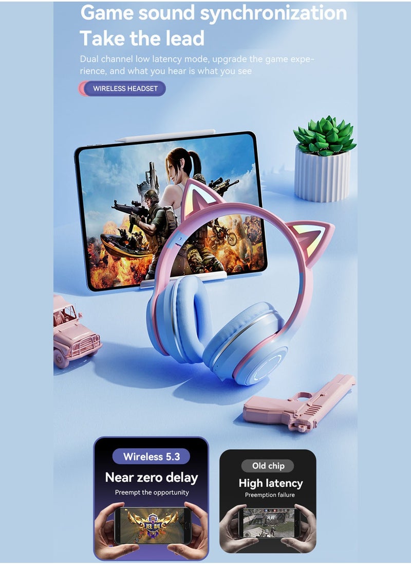 RGB Over-Ear Bluetooth Wireless Headphone,LED Cat-Ear Stereo Sound Headset,TF card/Wired/Wireless Mode Pink Blue