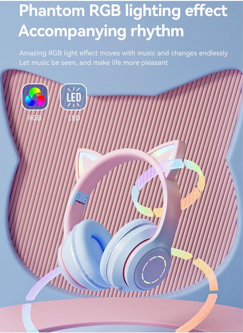 FlashHawk RGB Over-Ear Bluetooth Wireless Headphone,LED Cat-Ear Stereo Sound Headset,TF card/Wired/Wireless Mode Pink Blue  - Image 2