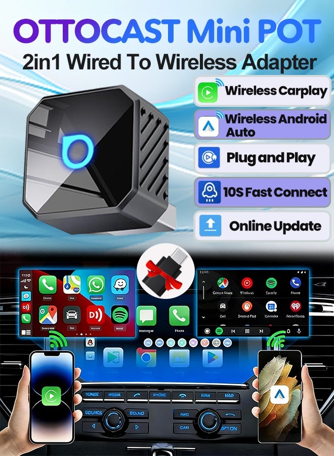 Ottocast Ultra Mini Wireless CarPlay & Android Auto Adapter 2026 Dongle Wireless 2 in 1 AI Smart Car Play Intelligent Systems With CarPlay USB Dongle Plug & Play, Fast Auto-Reconnect Bluetooth Wifi Auto Connect - Image 1