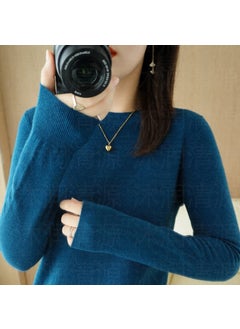 Generic Womens Autumn/Winter Knitted Sweater Pullover Thin Non-Wool Base Layer Round Neck Top New Style Fashionable Streetwear Seaweed blue 
