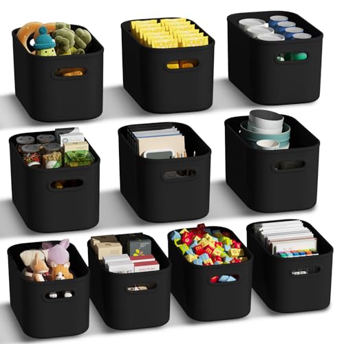 ORGIDOL 10 Pack Black Plastic Storage Bins, Storage Container for Organizing, Storage Boxes with Handle for Shelves, Cute Organizer Bins for Craft, Snacks, Pantry, Cabinet, 9.69x6.7x5.7 inch - Image 1