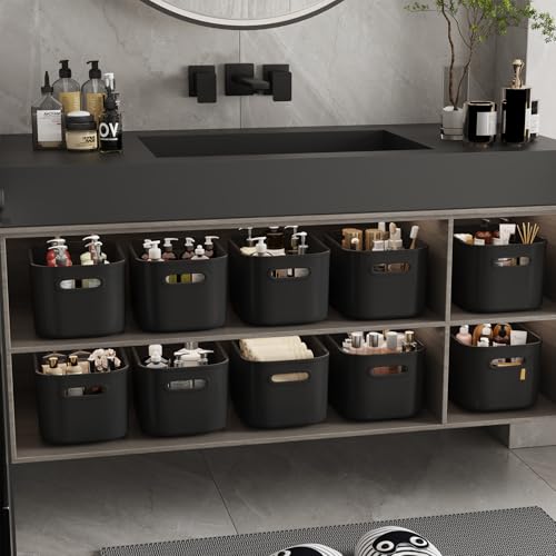 ORGIDOL 10 Pack Black Plastic Storage Bins, Storage Container for Organizing, Storage Boxes with Handle for Shelves, Cute Organizer Bins for Craft, Snacks, Pantry, Cabinet, 9.69x6.7x5.7 inch - Image 4
