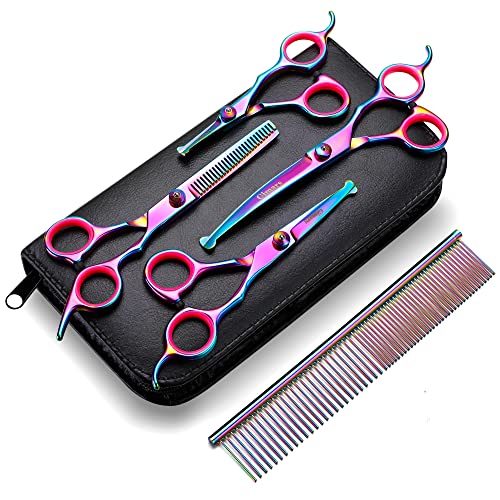 Gimars Professional 4CR Stainless Steel 6 in 1 Grooming Scissors for Dogs with Safety Round Tip, Heavy Duty Titanium Coated Pet Grooming Scissor for Dogs, Cats and Other Animals - Image 1